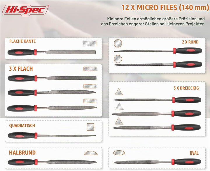 Hi-Spec Feilen Set. 16 tlg. Feilen Set mit 4 x 200mm Feile flach, halbrund, rund, dreieckig 8 x 140m