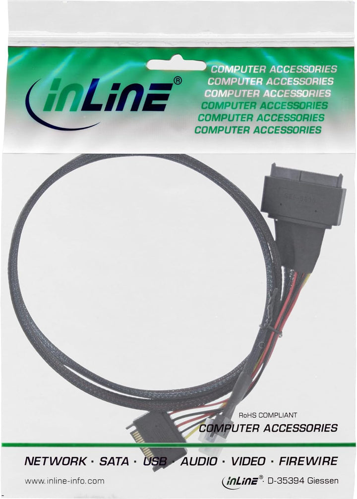 InLine Slim SAS Kabel intern SFF-8654 4i zu U.2 SFF-8639 mit SATA Strom, 24Gb/s, SAS 4.0 für Server/