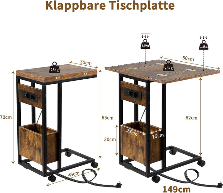 Hadulcet Beistelltisch Couch, Beistelltisch c Form, klappbare Tischplatte, Laptoptisch mit Rollen, L