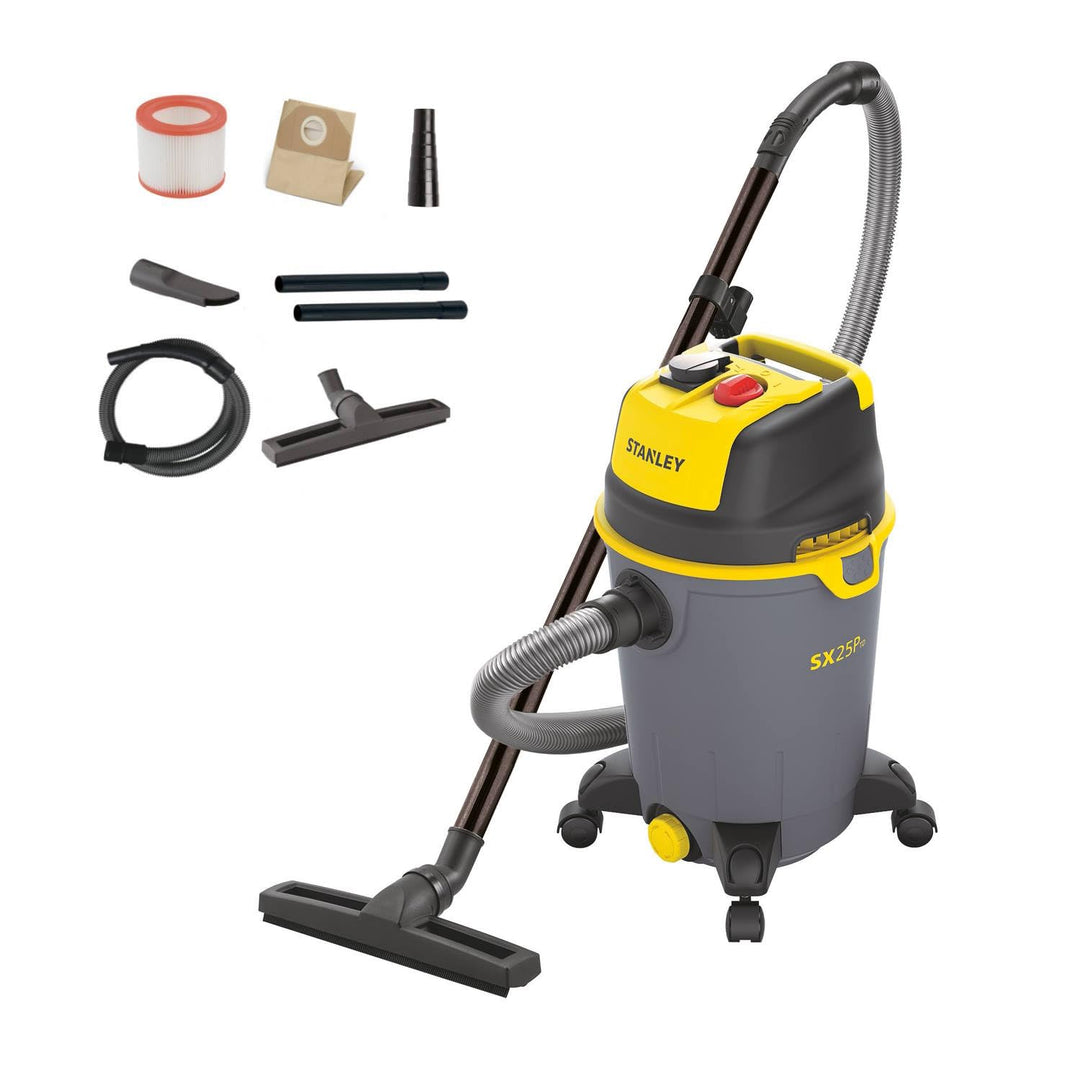 Stanley SXVC25PTDE Nass- und Trockensauger (1.200 W, 25 l),Gelb/Schwarz mit Steckdose für Elektrower