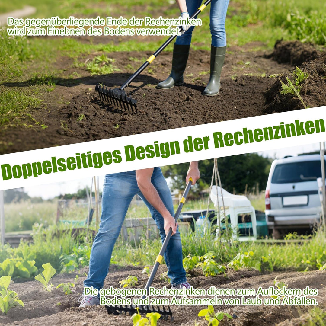 Rechen für den Garten mit Stiel – 190cm Doppelreihen-Harke aus Edelstahl, Rutschfester Griff. Als Ra