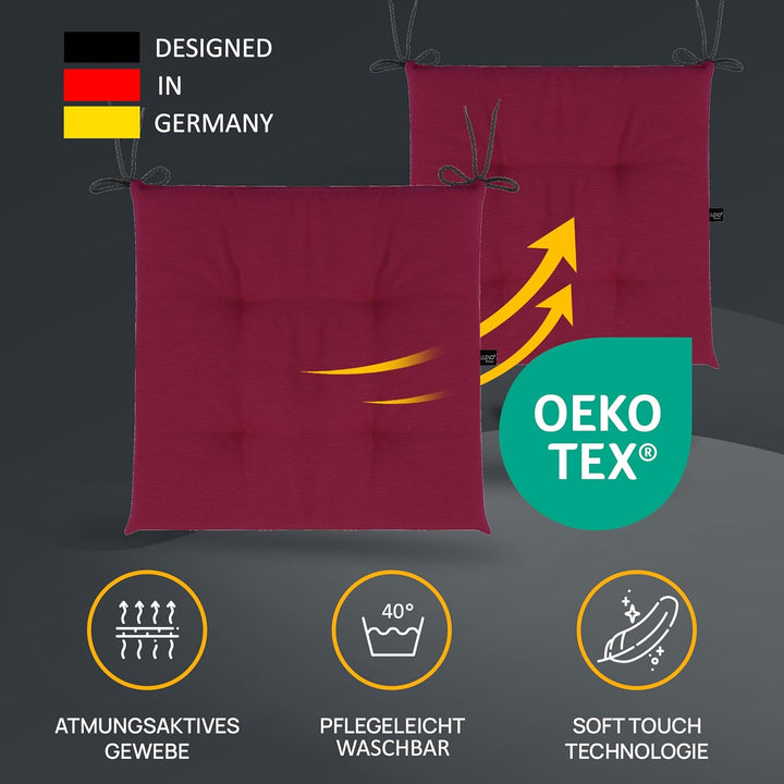 LILENO HOME 2er Set Stuhlkissen Bordeaux (40x40x4,5 cm) - Sitzkissen für Gartenstuhl, Küche oder Ess