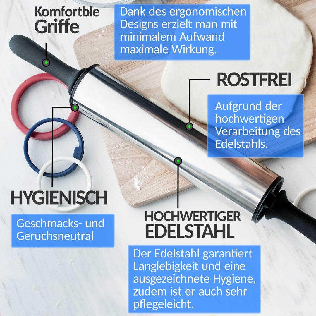 BLACKVAPOR® Nudelholz Edelstahl für Profis - garantiert die besten Ergebnisse - Premium Teigroller m