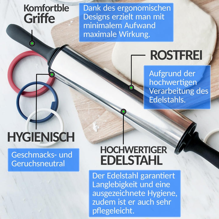 BLACKVAPOR® Nudelholz Edelstahl für Profis - garantiert die besten Ergebnisse - Premium Teigroller m