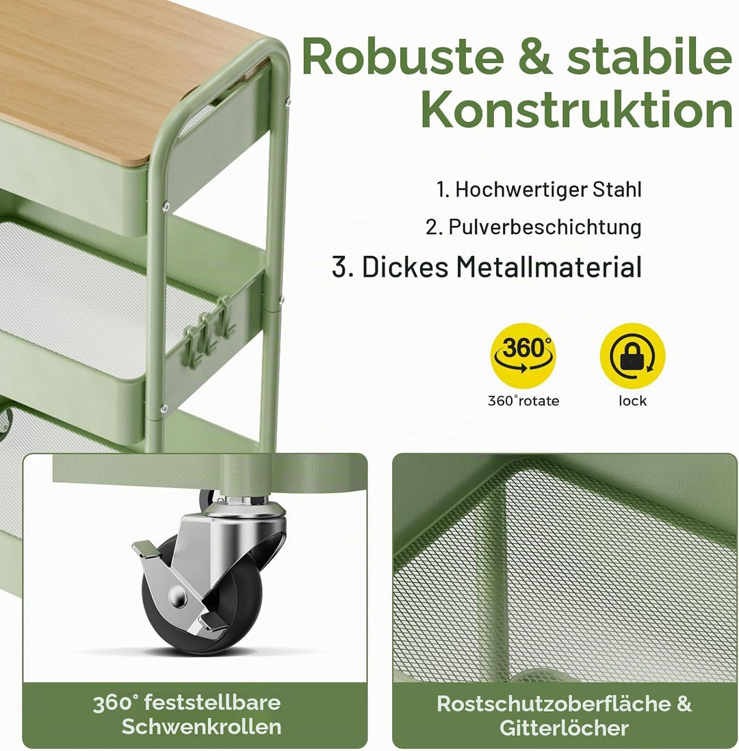 Shrivee 3-Tier Rollwagen mit Tischplatte, Servierwagen, rollender Allzweckwagen aus Metall, Regal au