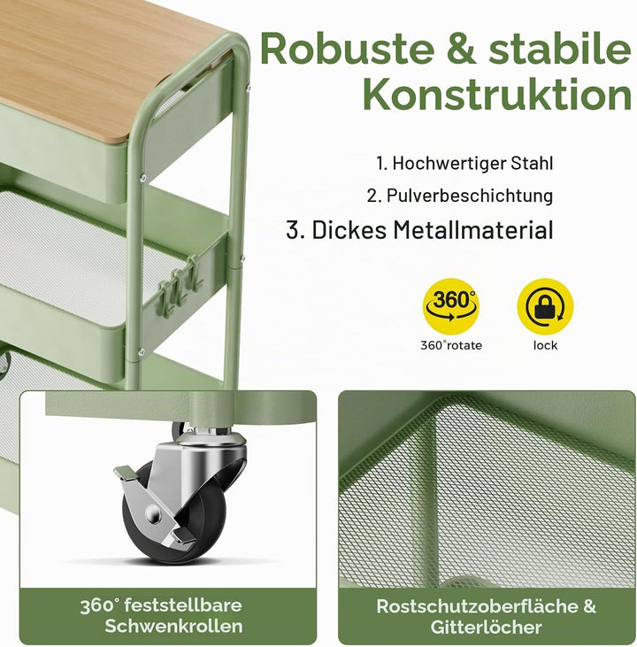 Shrivee 3-Tier Rollwagen mit Tischplatte, Servierwagen, rollender Allzweckwagen aus Metall, Regal au
