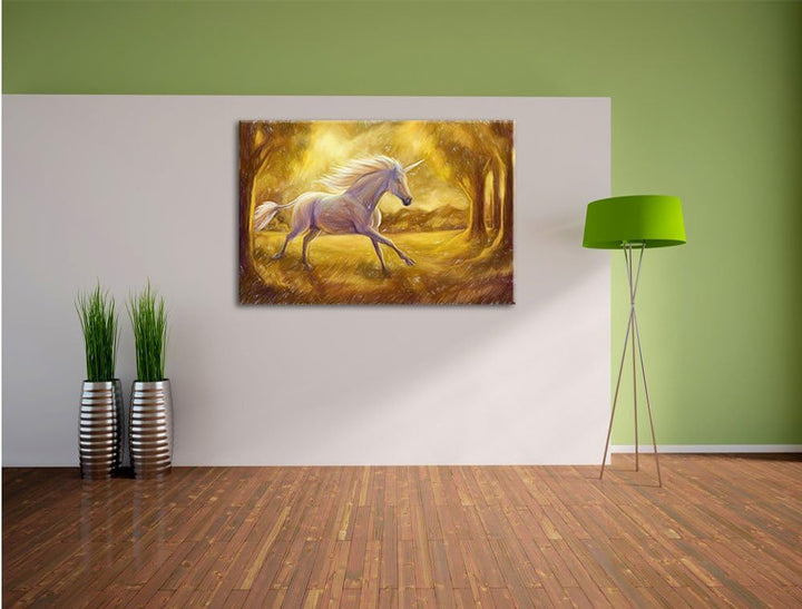 Pixxprint Einhorn im Wald / 100x70cm Leinwandbild bespannt auf Holzrahmen/Wandbild Kunstdruck Dekora
