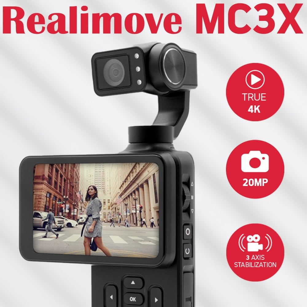 AGFA Photo Gimbal Realimove MC3X - Caméra Stabilisateur 3 Axes 4K Ultra HD, Écran Tactile Rotatif 3,
