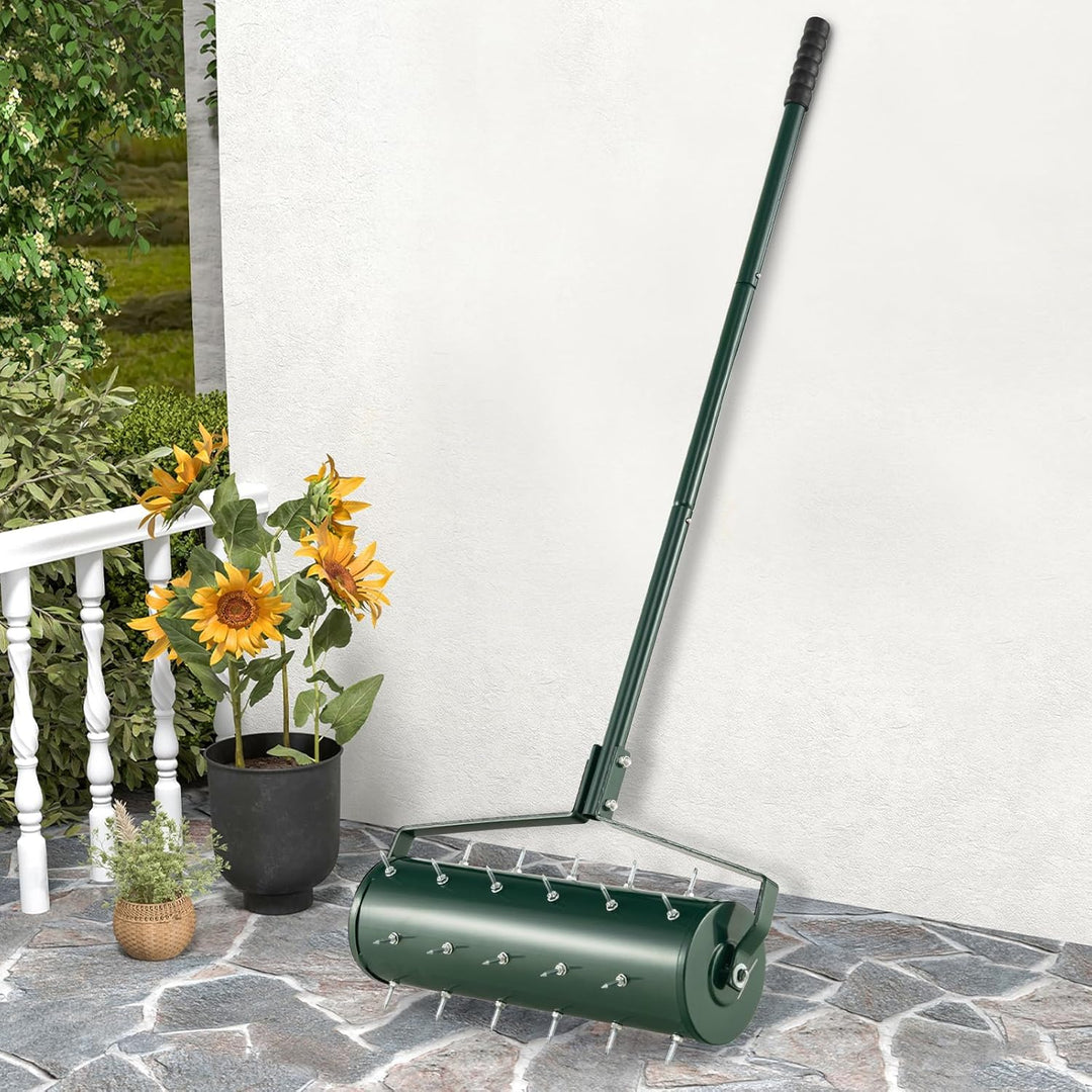 GOPLUS Rasenbelüfter, Handvertikutierer mit Stiel & 3,4cm Nägeln, rollender Aerifizierer, manueller