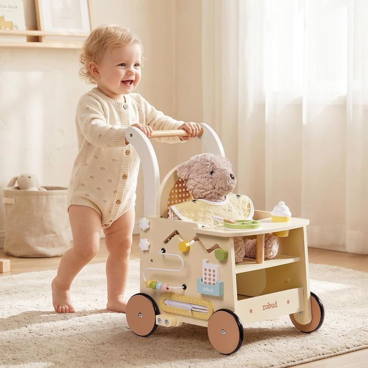 ROBUD Holz lauflernhilfe Baby Walker, 2-In-1 Puppe Lauflernwagen mit Montessori Busy Activity Board