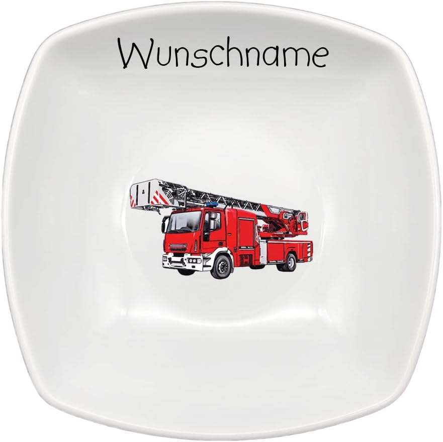 Kindergeschirr Frühstücksservice eckig 3-tlg. Porzellan Feuerwehr Teller Becher Schale personalisier