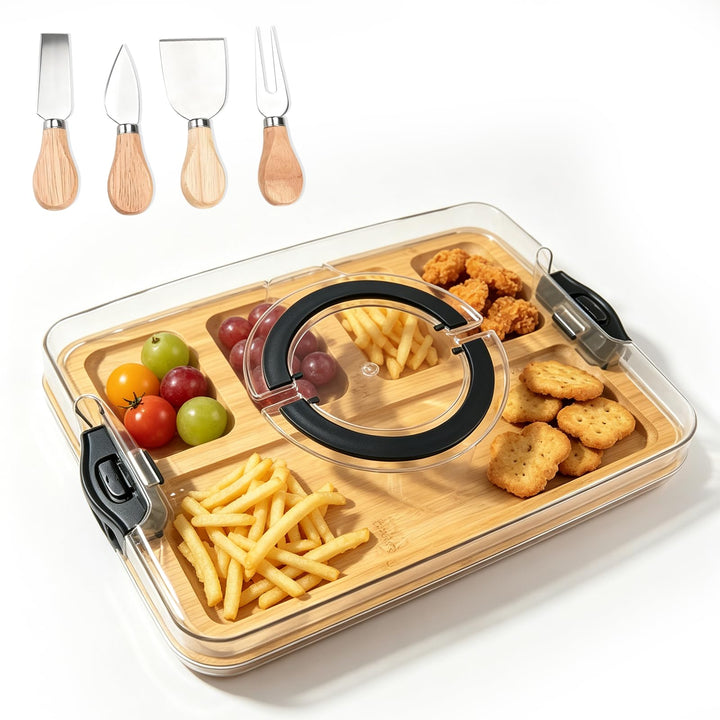 Käseplatte mit Deckel, Charcuterie Board, Servierplatte mit Deckel aus Bambus mit 5 Fächern Messer S