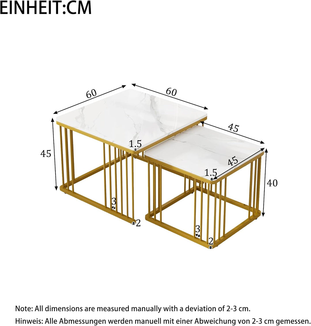 Merax Quadratisch Couchtisch 2er Set, Moderne Wohnzimmertisch mit Marmor Furnier, Hochglanz Satztisc