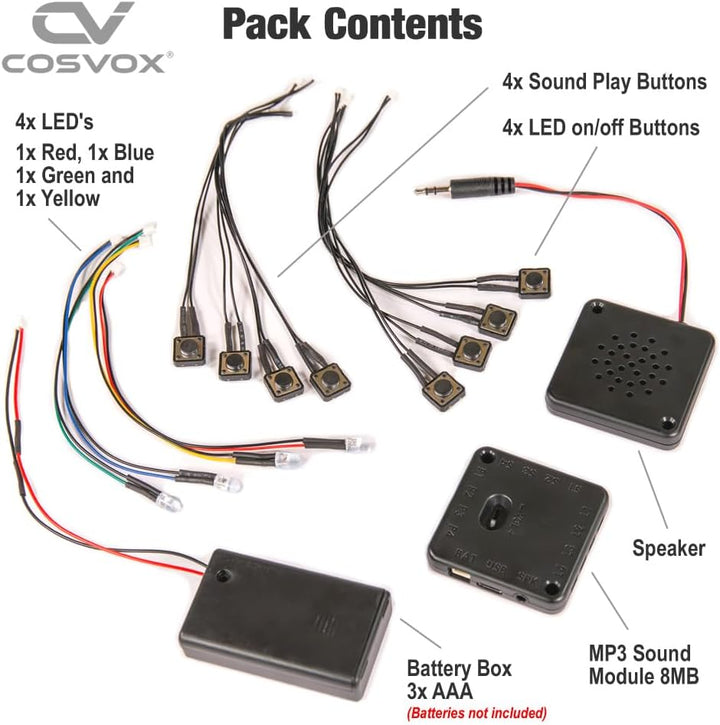 COSVOX Cosplay-Soundeffektmodul + LED-Lichtset. DIY beschreibbarer MP3-Soundchip mit 4 Drucktasten,
