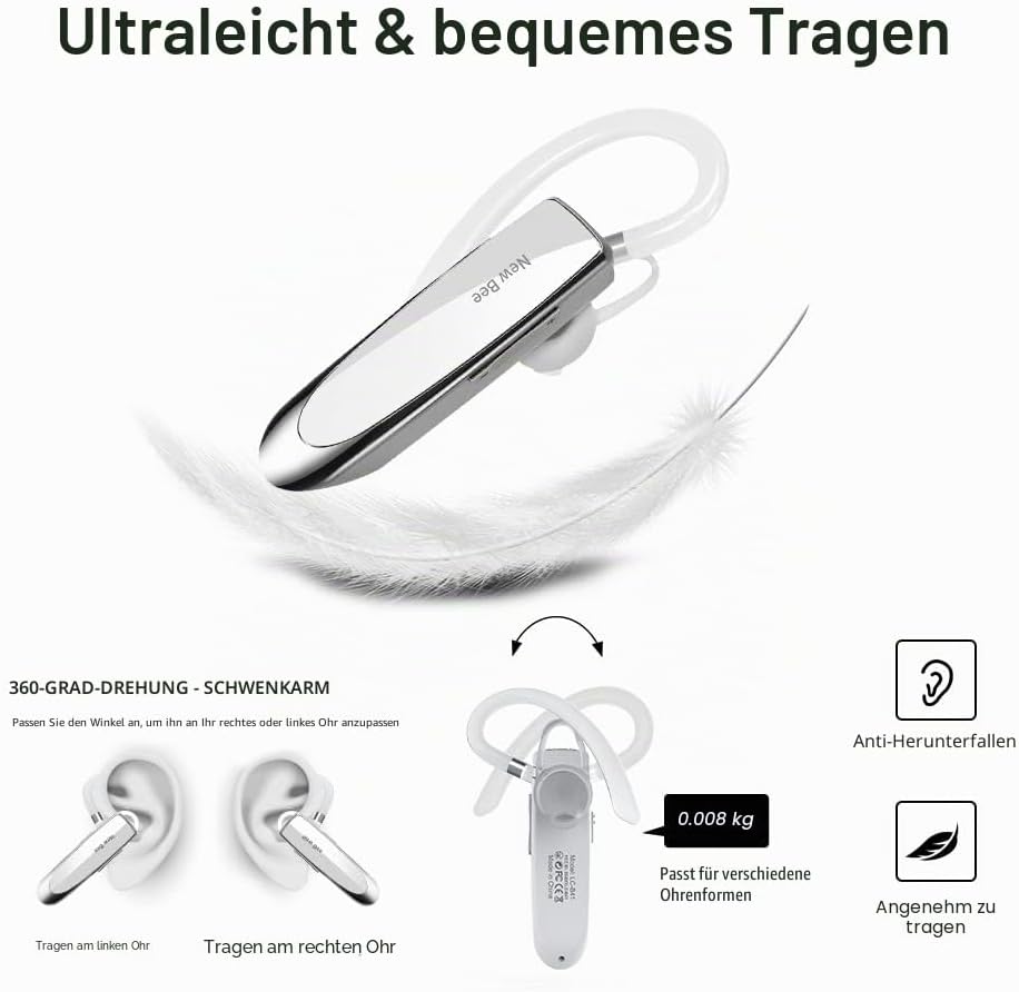 New Bee Bluetooth Headset Wireless Freisprech Telefon | Bluetooth-Headset mit Mikrofon für iPhone Sa