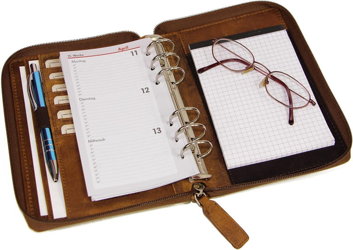 ALMADIH Leder A6 Organizer Reissverschluss Kalender 2024 Notizblock Premium Rindsleder Braun Vintage