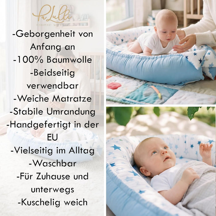 PaLulli Babynest Babynestchen 50x90 cm Babykokon, 2seitig, 100% Baumwolle, Nestchen für Babybett, Ku