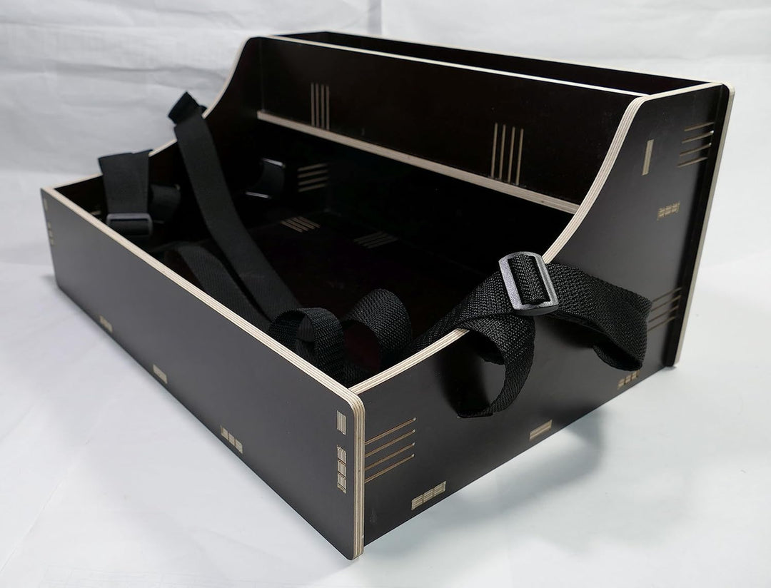 Holz Bauchladen schwarz/braun mit Oberlade 2 Gurte JGA Fete Catering 42 cm x 30 cm mit schwarzem Tra