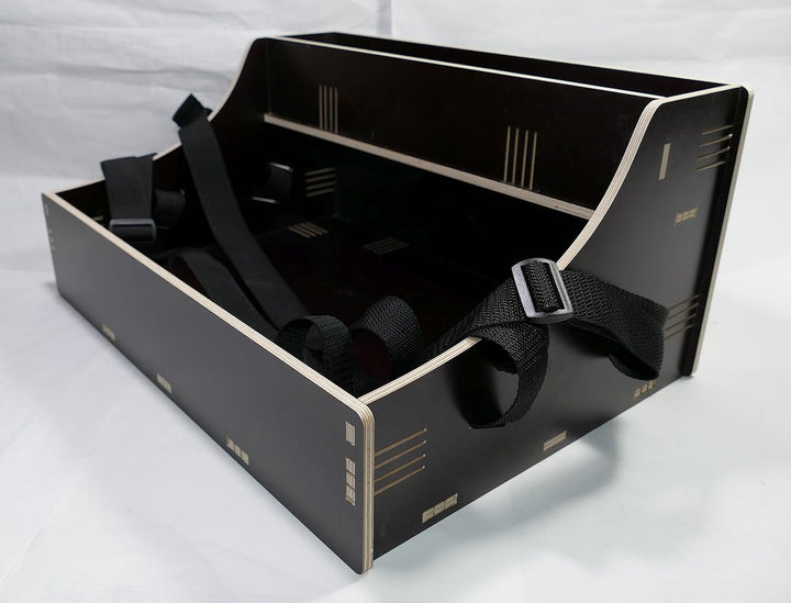 Holz Bauchladen schwarz/braun mit Oberlade 2 Gurte JGA Fete Catering 42 cm x 30 cm mit schwarzem Tra