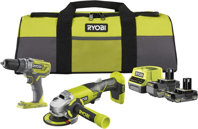 RYOBI 18 V ONE+ 6-tlg. Akku-Combo-Kit RCK182O-242SZL, Schlagbohrschrauber, Winkelschleifer, 2x Akkus