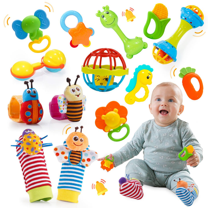 Wootoyz 14 Pcs Rasseln Beissring Set Baby Spielzeug ab 0-12 Monate, Baby Geschenk Junge Mädchen 0-12