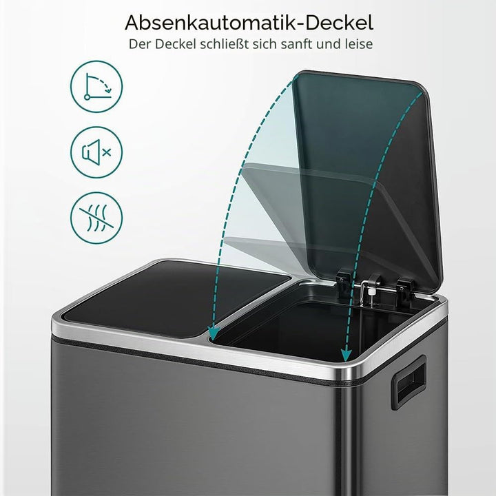 Panana Mülleimer, 60 l (2 x 30 Liter), Mülltrennsystem für die Küche, Treteimer aus Metall mit sanft