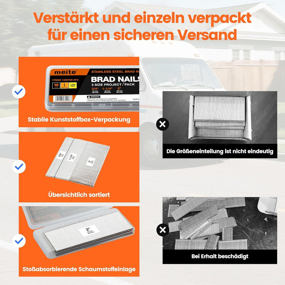meite Edelstahl Stauchkopfnägel 18GA, 1.200 Stück Sortiment in 3 Grössen (19mm, 32mm, 50mm), Edelsta