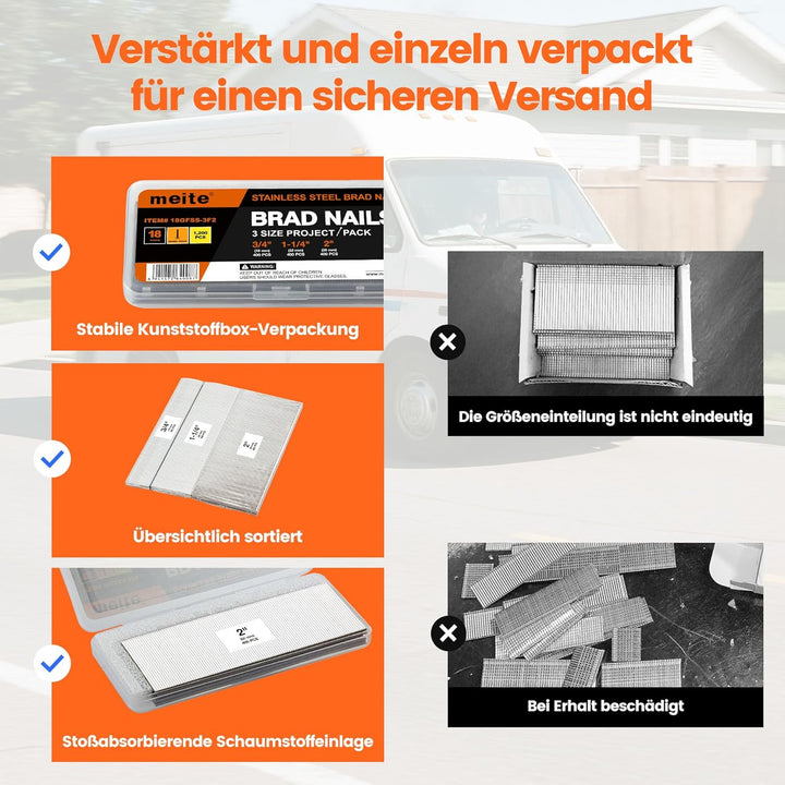 meite Edelstahl Stauchkopfnägel 18GA, 1.200 Stück Sortiment in 3 Grössen (19mm, 32mm, 50mm), Edelsta