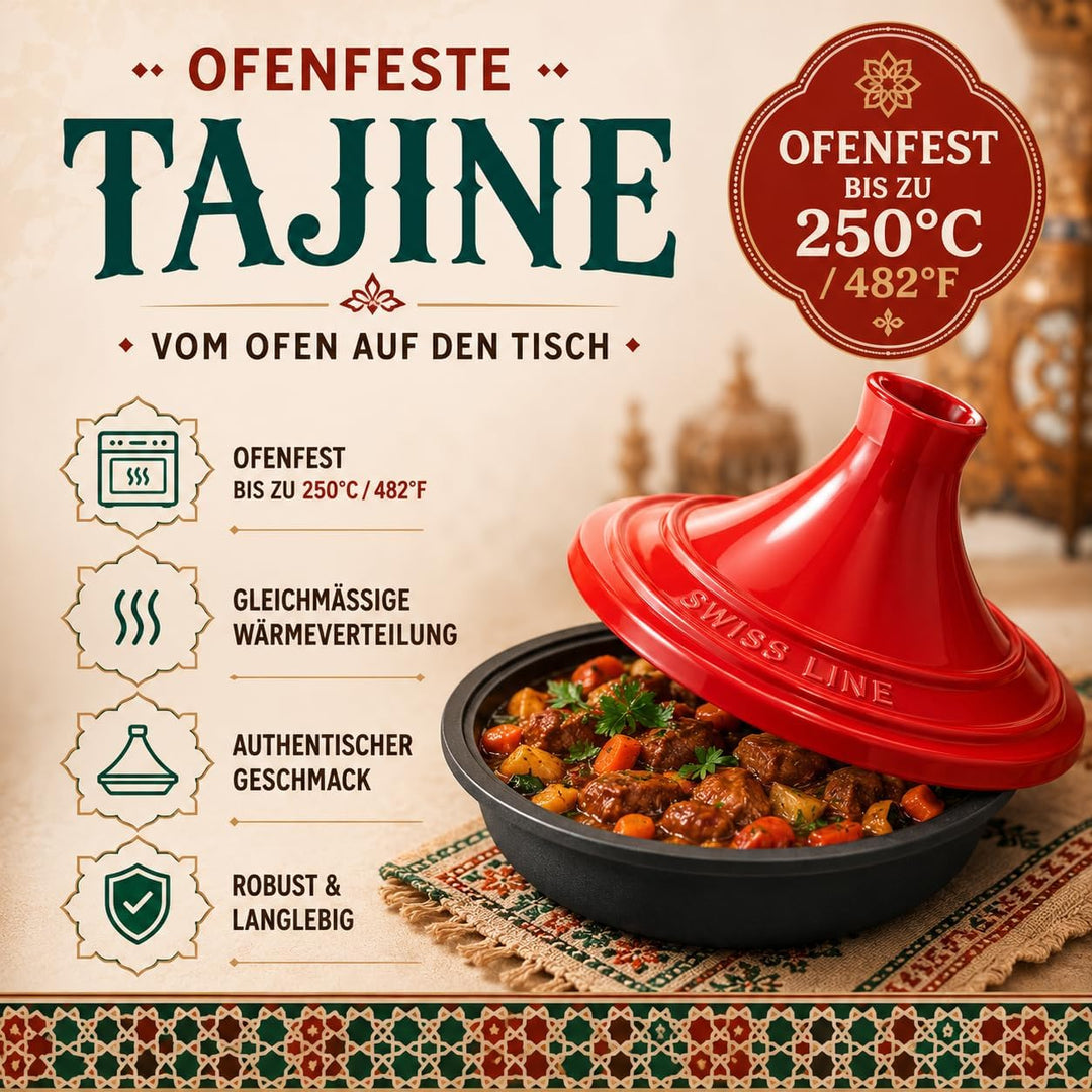 Swiss Line Tajine Topf 30 cm Gusseisen mit Keramikdeckel – Marokkanischer Schmortopf für 2–5 Persone