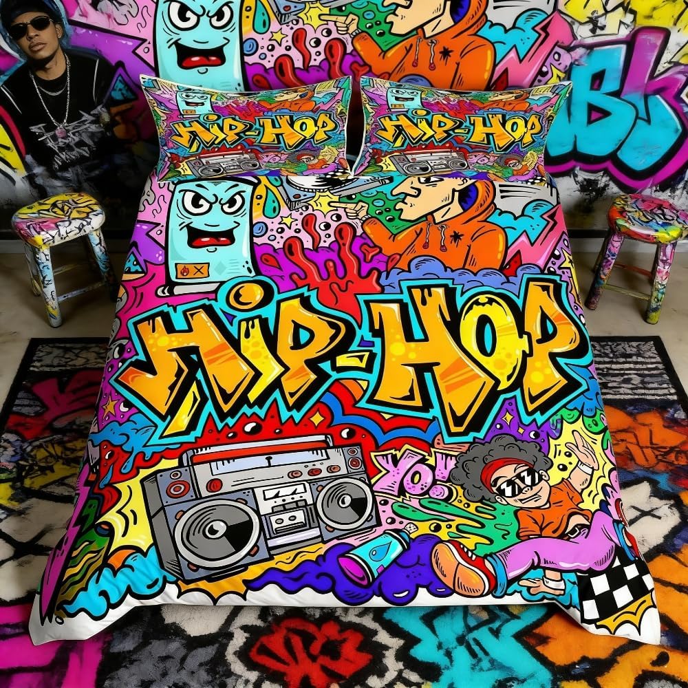 Graffiti-Bettwäsche-Set für Kinder, Hip-Hop-Thema, Radio, Rock, Jugendliche, Bettdeckenbezug, für Ju