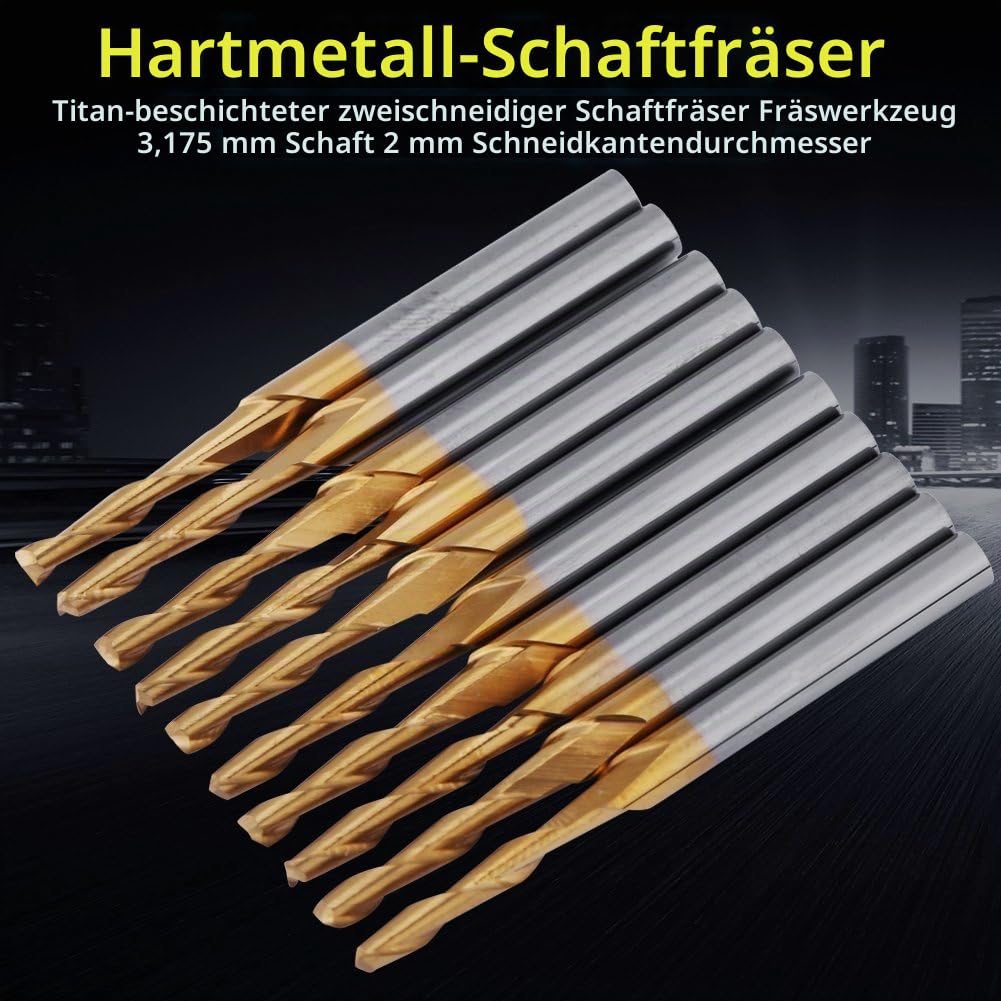 10 pcs Schaftfräser Hartmetall Coated Fräsbohrer Doppel-Fräser Fräserset 3.175mm Schaft 2mm Schneidk