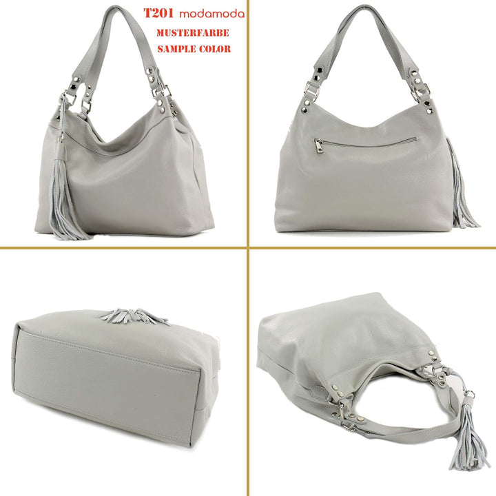 modamoda de - T201 - ital. Damen Schultertasche aus Echtleder Schwarzgrün, Schwarzgrün