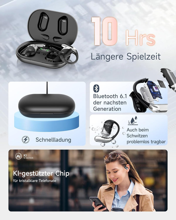 Offene Ohr Kabellose Ohrhörer, Sport Bluetooth Kopfhörer mit Echtzeitübersetzung, 80 Stunden Akkulau