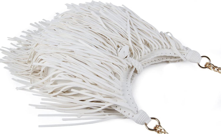 Damen handgefertigte Leder Franse Quaste Crossbody Hobo Schultertasche Umhängetaschen Weiss, Wei