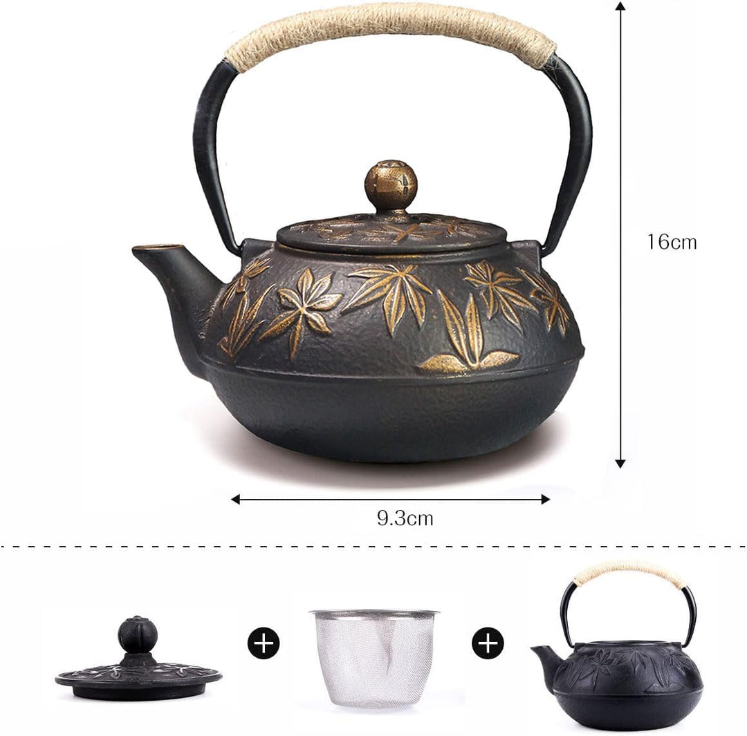 Webao Teekanne Gusseisen, 800ml Asiatische Teekanne Teekessel mit Edelstahl Sieb, Gold Ahornblätter