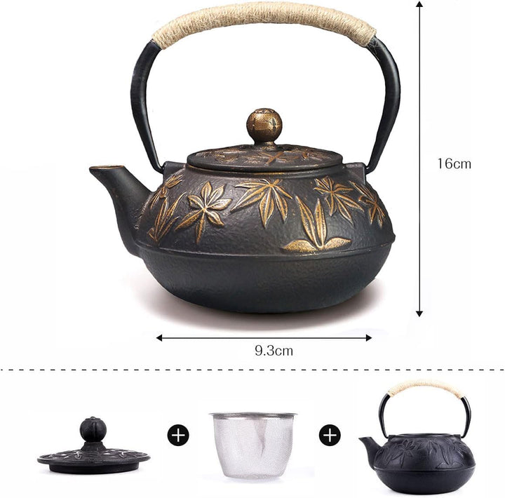 Webao Teekanne Gusseisen, 800ml Asiatische Teekanne Teekessel mit Edelstahl Sieb, Gold Ahornblätter