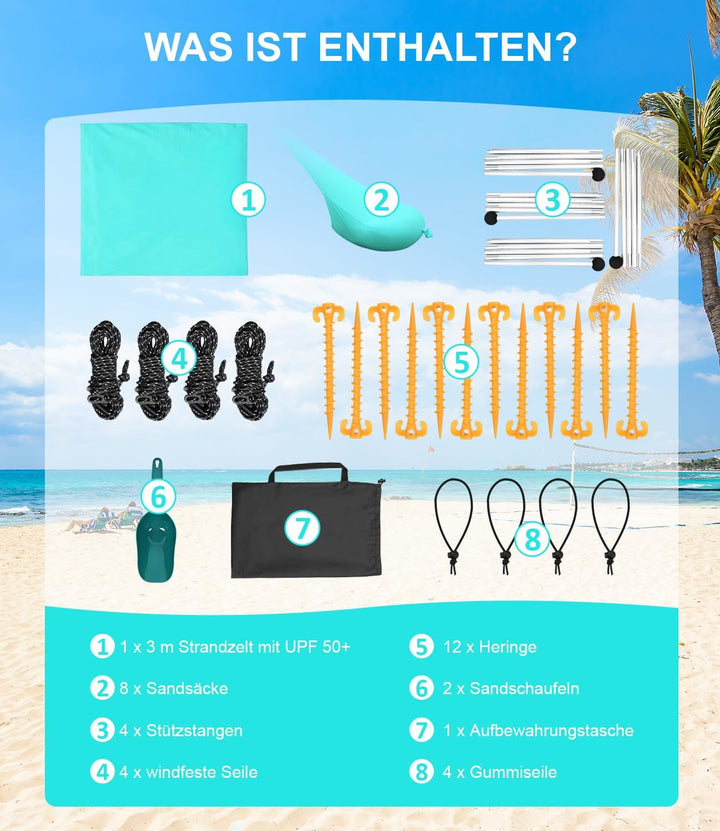 UV Strandzelt UPF50+, 3m x 3m Strandzelt Sonnenschutz Sonnensegel mit 8 Sandsäcken und 2 Sandschaufe
