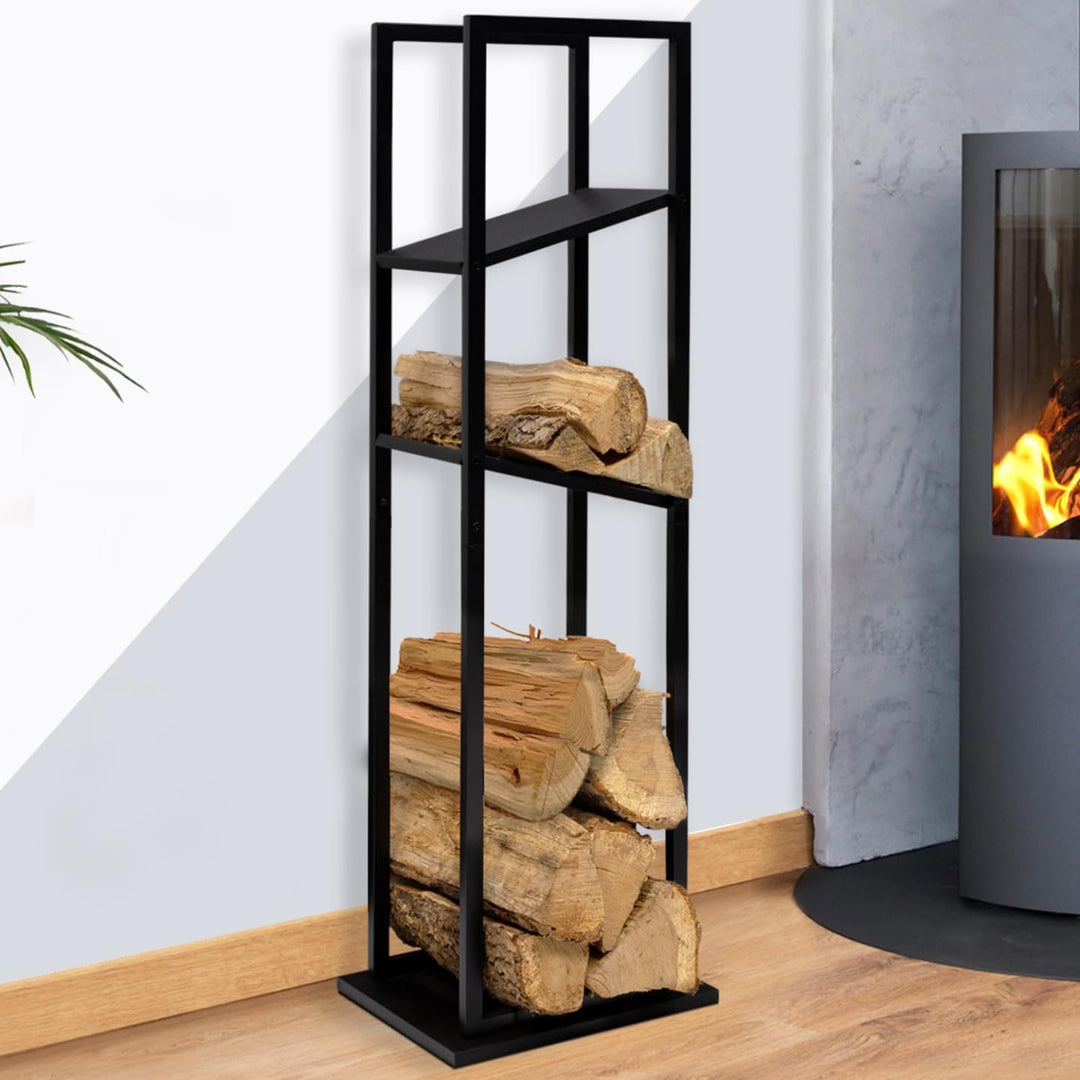IDMarket - Vertikaler Kaminholzständer aus schwarzem Stahl mit 2 Regalen H.112 cm