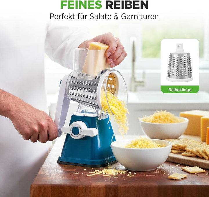 NutriChef 3-in-1 Käsereibe mit Handkurbel – Kompakte Trommelreibe für Käse & Gemüse – 3 Schneidetrom