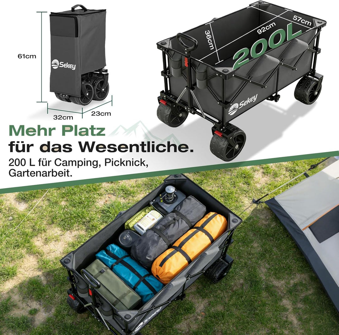 Sekey XXL Plus Bollerwagen Faltbar 200L 200KG Belastbar, Faltbollerwagen mit Extra Breite 17x10 cm A