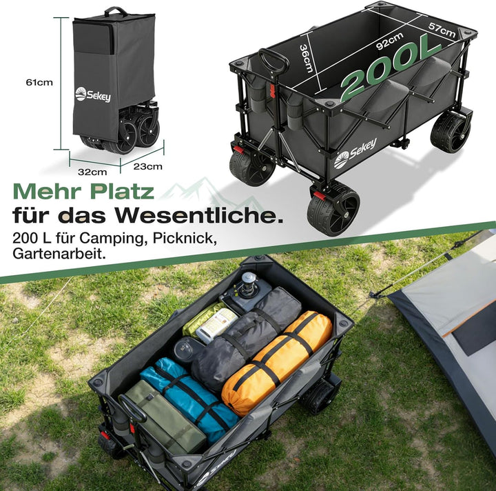 Sekey XXL Plus Bollerwagen Faltbar 200L 200KG Belastbar, Faltbollerwagen mit Extra Breite 17x10 cm A