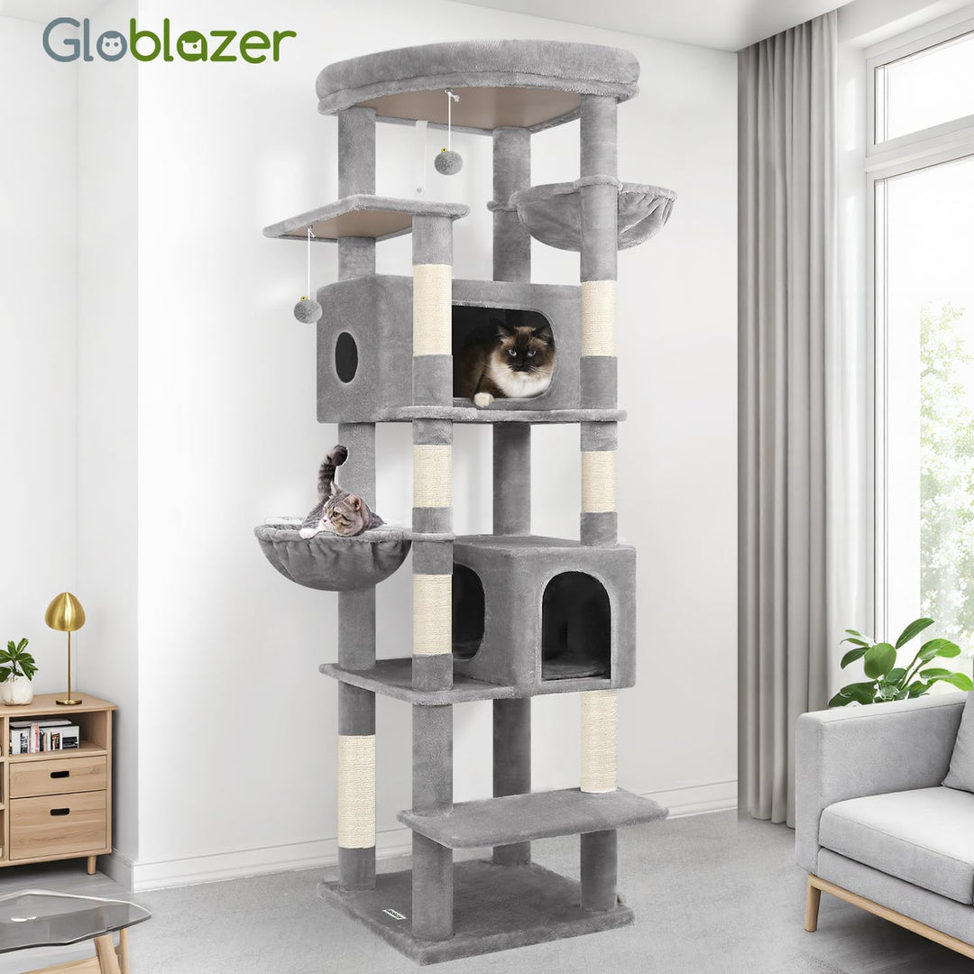 Globlazer Kratzbaum Grosse hoch 188 cm mit 2 Grosser Katzenhaus, Gepolsterte Plattform, 2 Katzenkorb