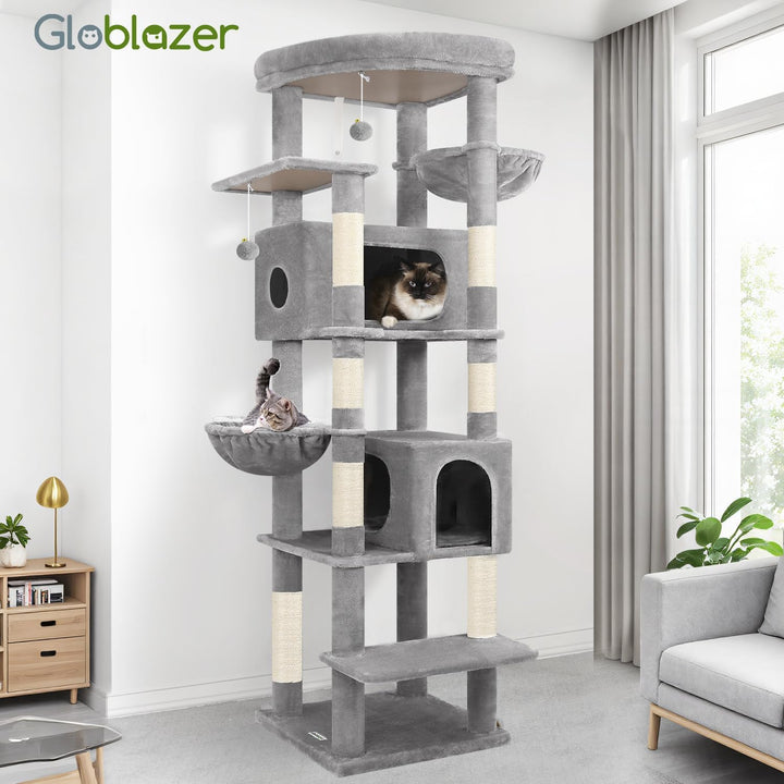 Globlazer Kratzbaum Grosse hoch 188 cm mit 2 Grosser Katzenhaus, Gepolsterte Plattform, 2 Katzenkorb