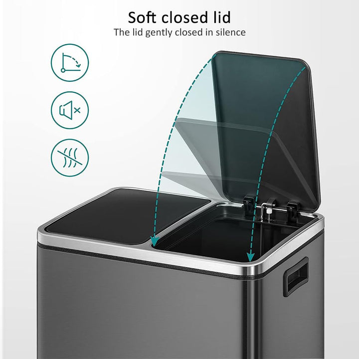 Panana Mülleimer, 60 l (2 x 30 Liter), Mülltrennsystem für die Küche, Treteimer aus Metall mit sanft