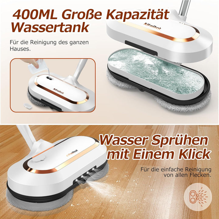 AlfaBot S2 Kabellos Elektrischer Mopp, bodenreiniger Spin Mop, Elektrischer Mop mit Sprühfunktion un