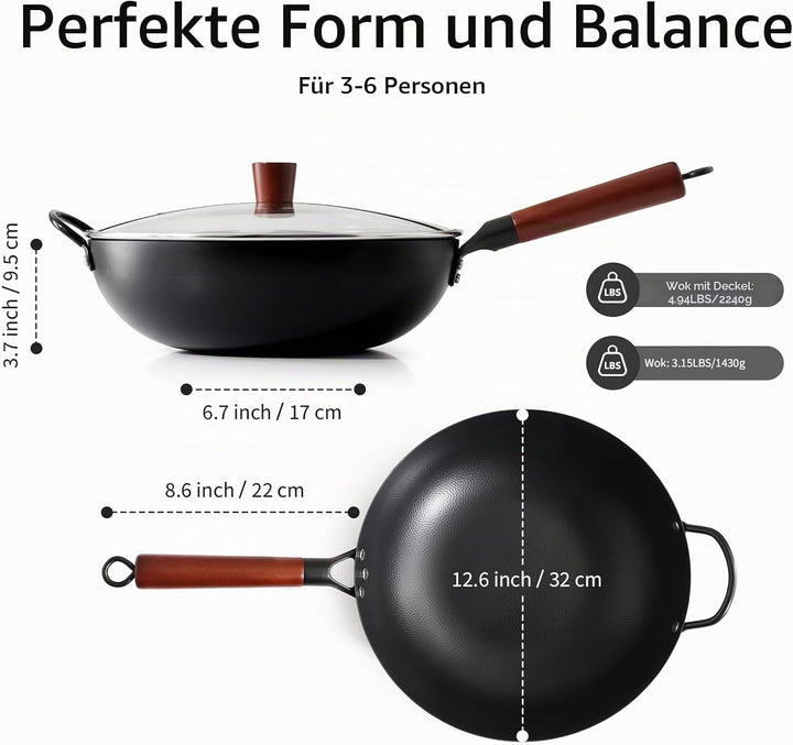 Kordisen 32 cm Wok aus Kohlenstoffstahl mit Deckel, flacher Boden, natürlich antihaftbeschichtet, ge