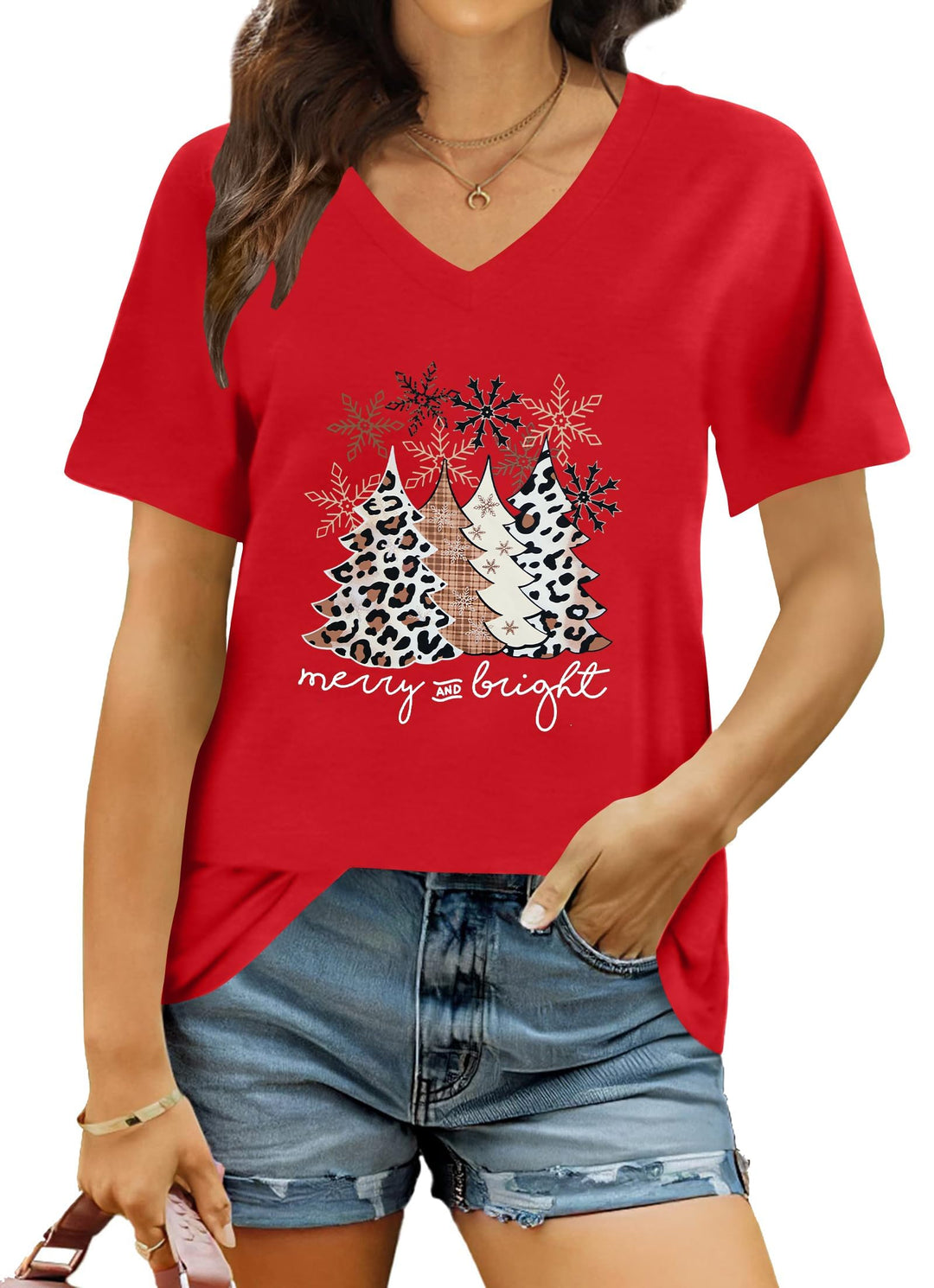 hohololo Weihnachts Tshirt Damen Christmas Shirt Merry Christmas V-Ausschnitt-T-Shirt Rot1 M, Rot1 M