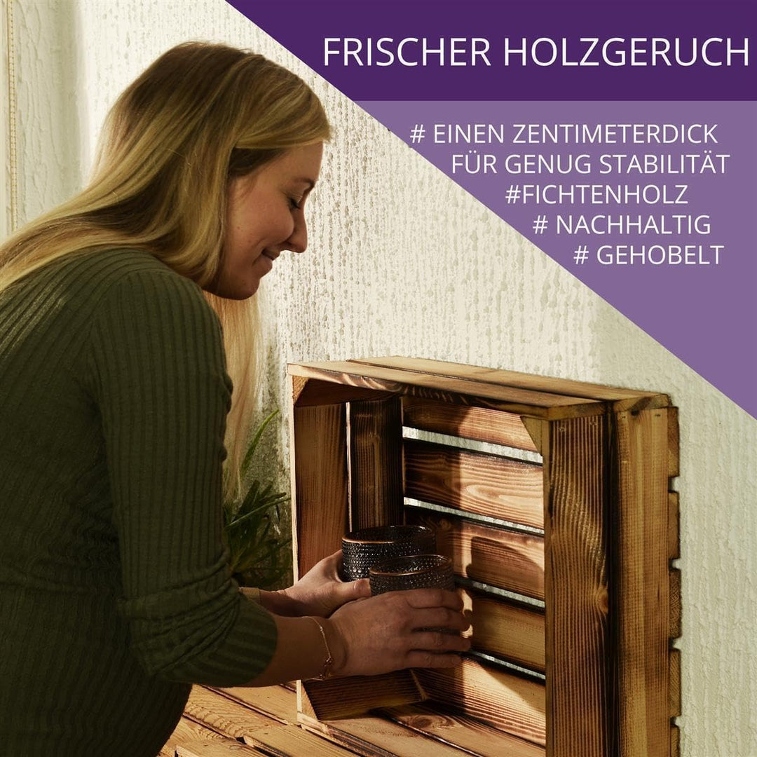 4 Set Holzregal Schmalhanz 50x40x15cm - Geflammt 2X langes Regal 50x40x15cm Dunkel Geflammt 4, 50x40