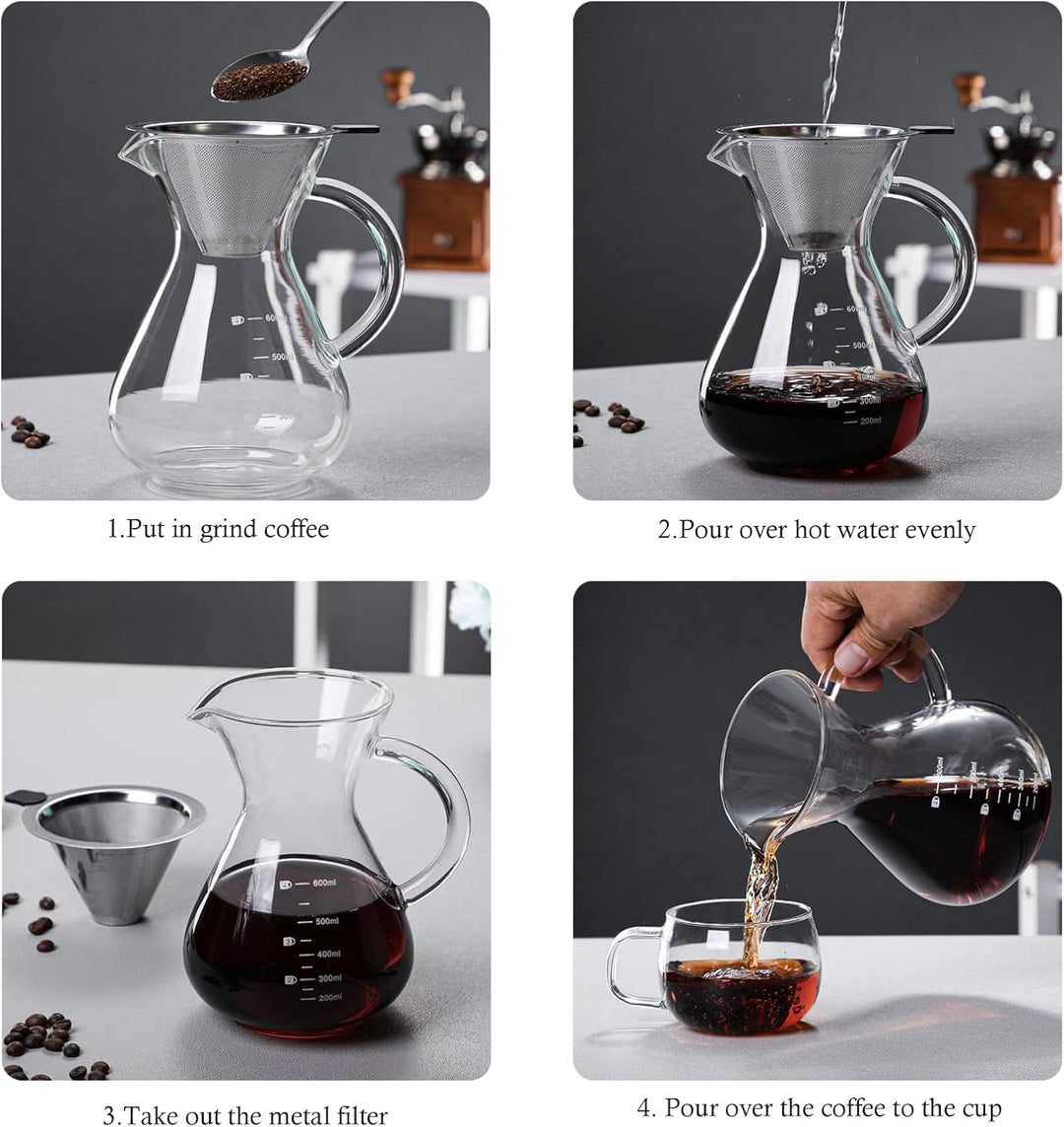 Pour Over Kaffeebereiter, 600ml Glas Kaffeekanne mit Filter und Hitzebeständigem Griff, Pour Over Co