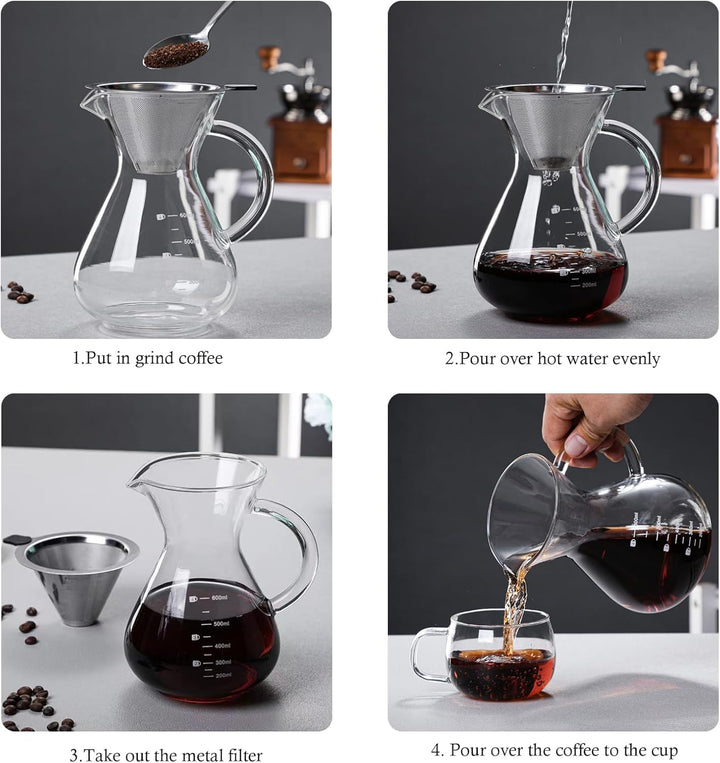Pour Over Kaffeebereiter, 600ml Glas Kaffeekanne mit Filter und Hitzebeständigem Griff, Pour Over Co
